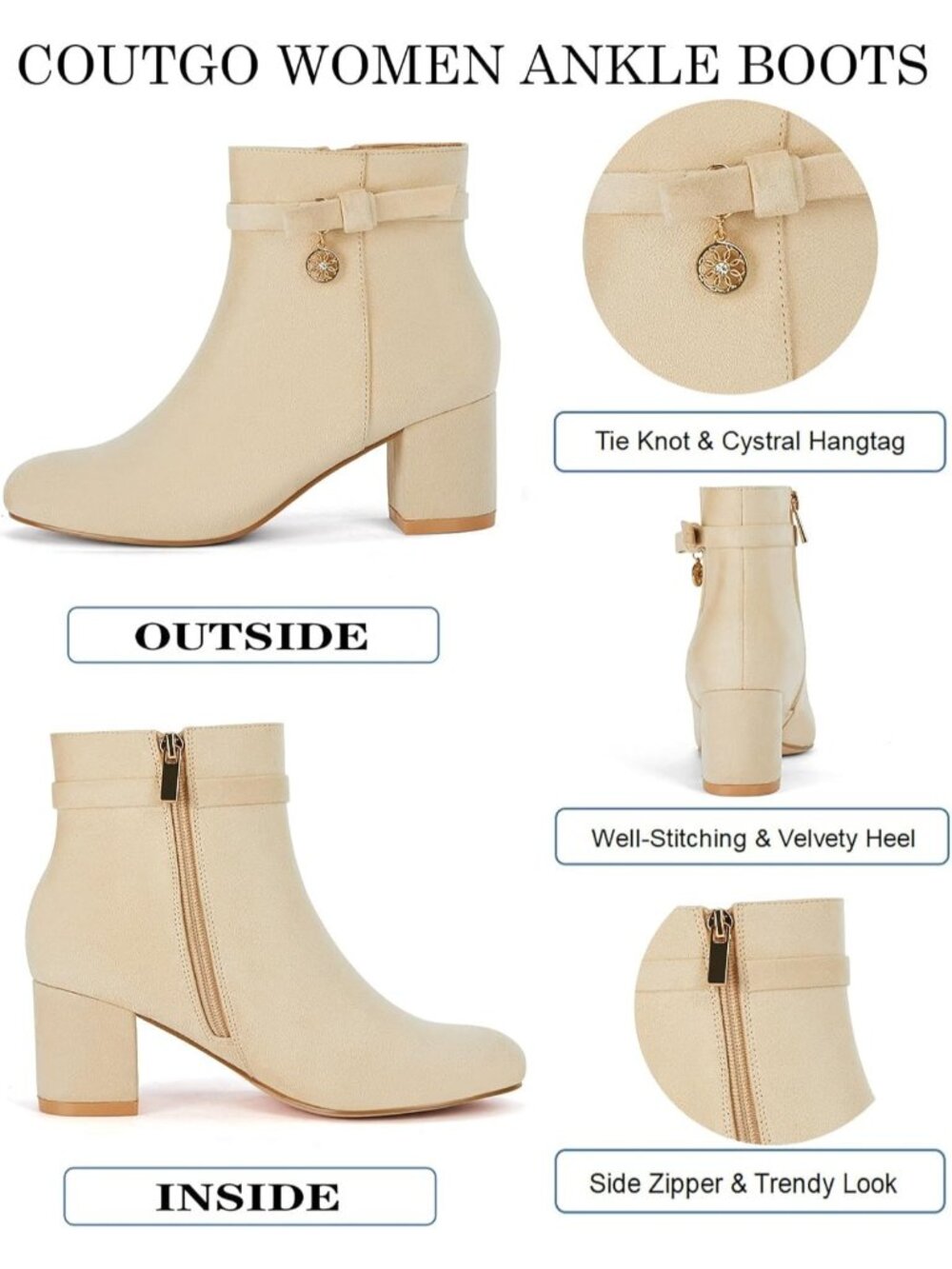 Women's Beige Ankle Boots Chunky Block Low Heel Vintage Tie Knot Booties - Picture 4 of 4